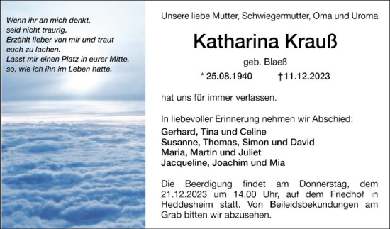 Traueranzeige von Katharina Krauß von Mannheimer Morgen