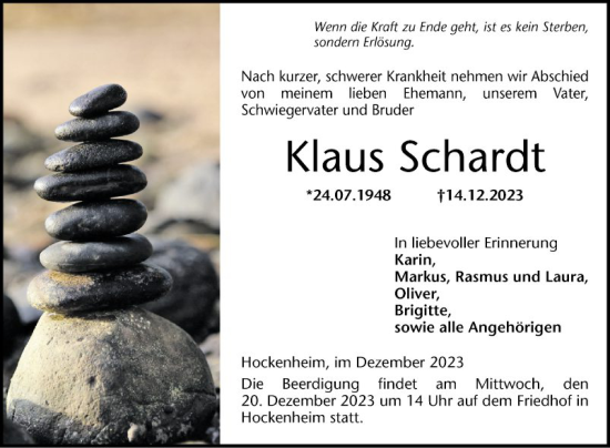 Traueranzeige von Klaus Schardt von Schwetzinger Zeitung