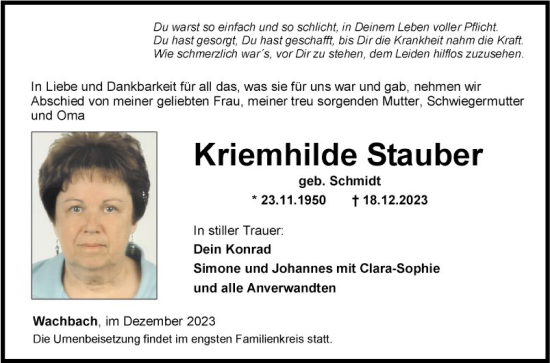 Traueranzeige von Kriemhilde Stauber von Fränkische Nachrichten