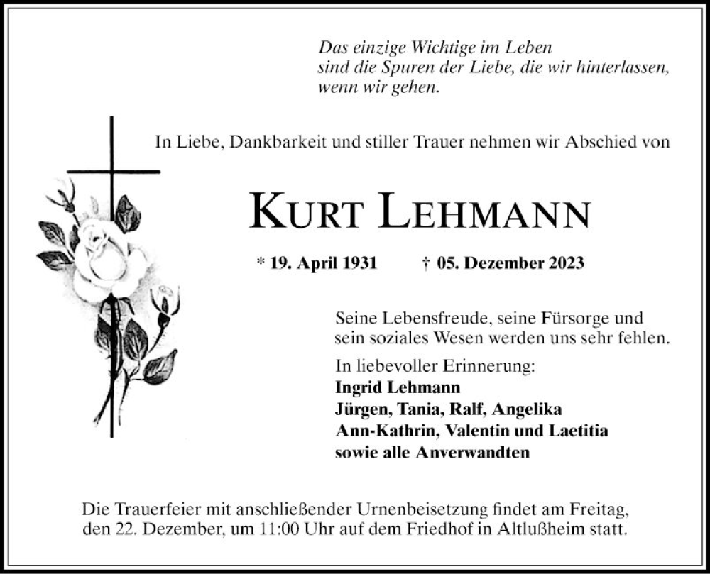  Traueranzeige für Kurt Lehmann vom 16.12.2023 aus Schwetzinger Zeitung