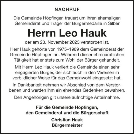 Traueranzeige von Leo Hauk von Fränkische Nachrichten