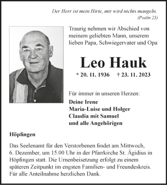 Traueranzeige von Leo Hauk von Fränkische Nachrichten