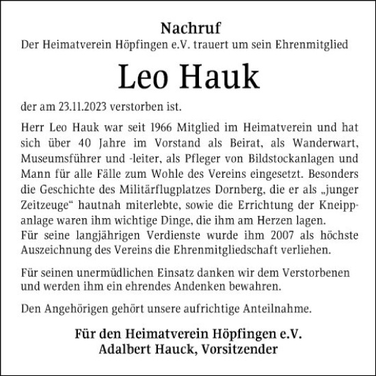 Traueranzeige von Leo Hauk von Fränkische Nachrichten