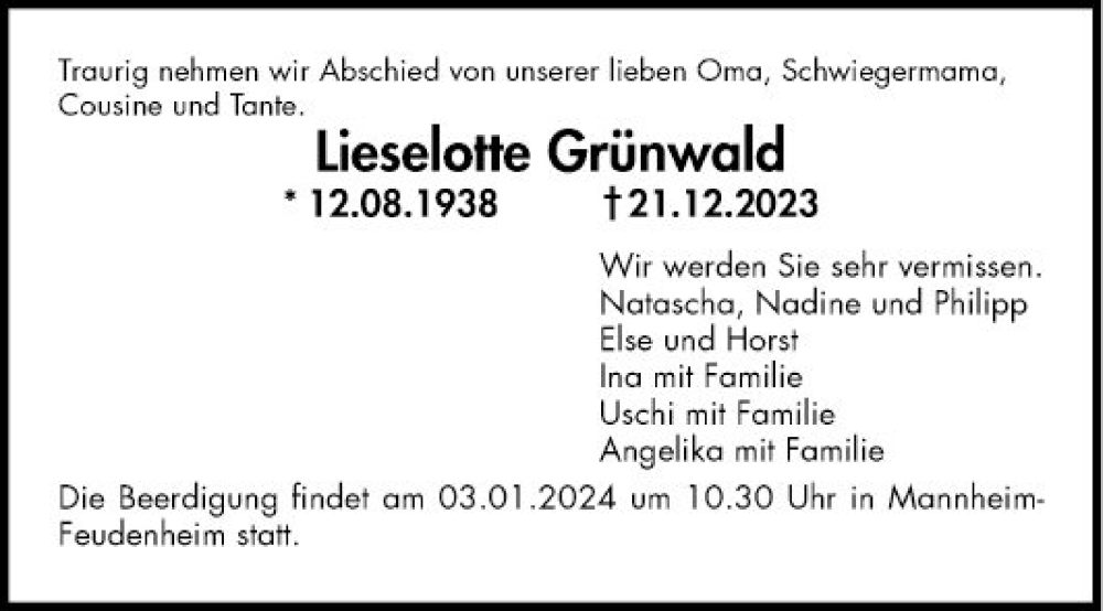  Traueranzeige für Lieselotte Grünwald vom 30.12.2023 aus Mannheimer Morgen