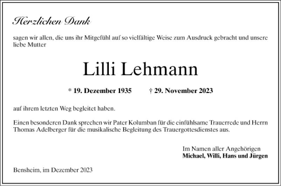 Traueranzeige von Lilli Lehmann von Bergsträßer Anzeiger