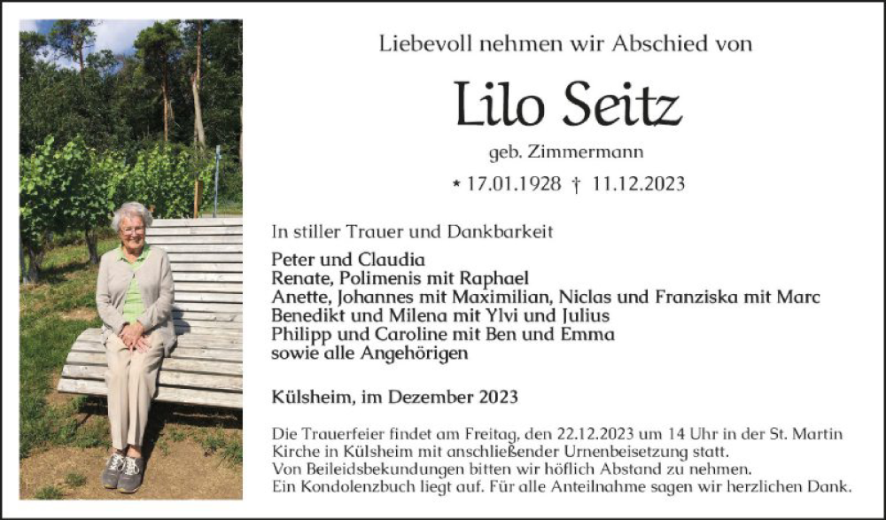  Traueranzeige für Lilo Seitz vom 16.12.2023 aus Fränkische Nachrichten