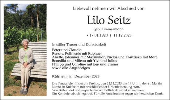 Traueranzeige von Lilo Seitz von Fränkische Nachrichten