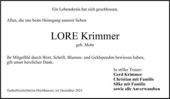 Traueranzeige von Lore Krimmer von Fränkische Nachrichten