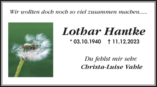 Traueranzeige von Lothar Hantke von Schwetzinger Zeitung