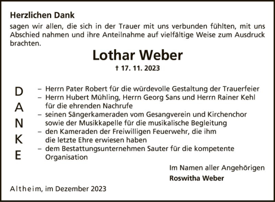 Traueranzeige von Lothar Weber von Fränkische Nachrichten