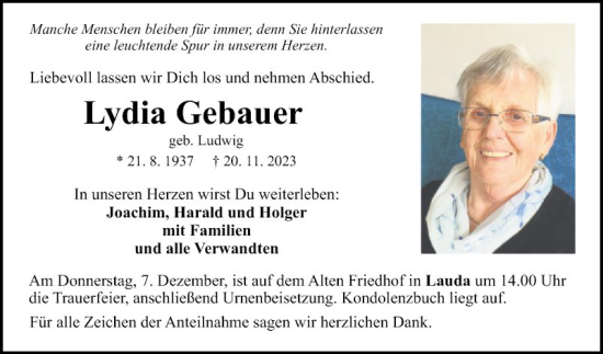 Traueranzeige von Lydia Gebauer von Fränkische Nachrichten