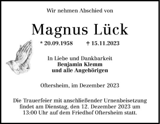 Traueranzeige von Magnus Lück von Schwetzinger Zeitung