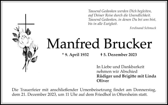 Traueranzeige von Manfred Brucker von Schwetzinger Zeitung