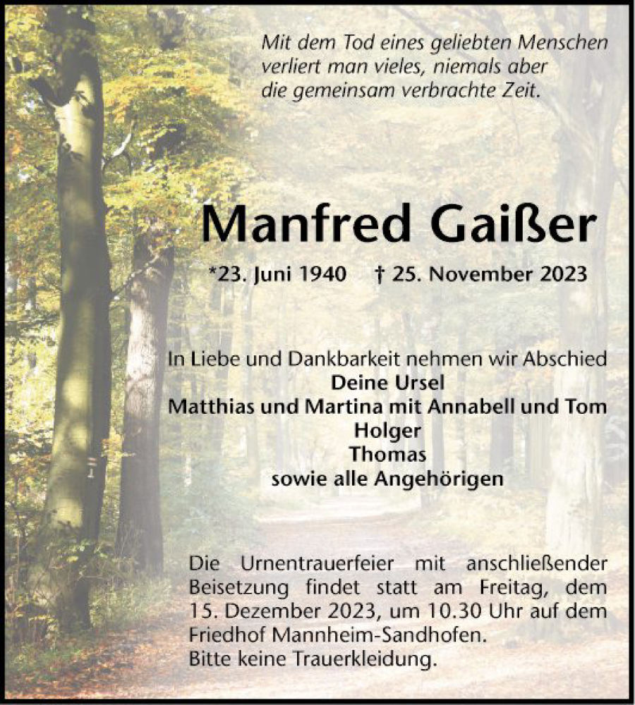 Traueranzeige für Manfred Gaißer vom 02.12.2023 aus Mannheimer Morgen