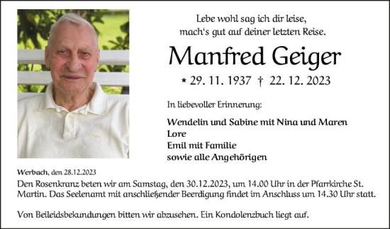 Traueranzeige von Manfred Geiger von Fränkische Nachrichten