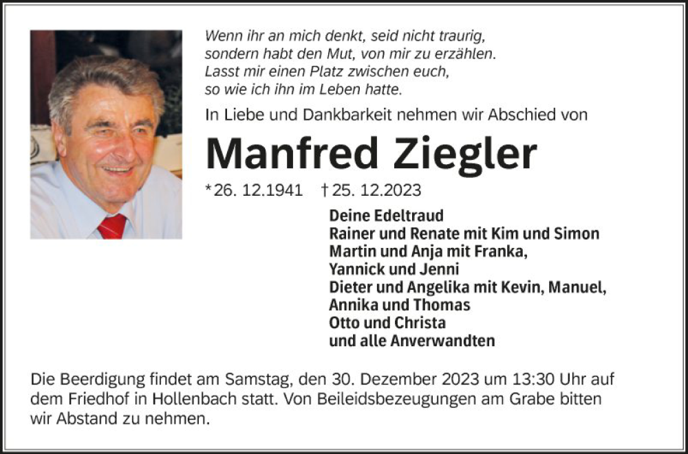  Traueranzeige für Manfred Ziegler vom 29.12.2023 aus Fränkische Nachrichten