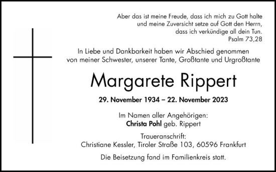 Traueranzeige von Margarete Rippert von Bergsträßer Anzeiger