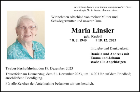 Traueranzeige von Maria Linsler von Fränkische Nachrichten