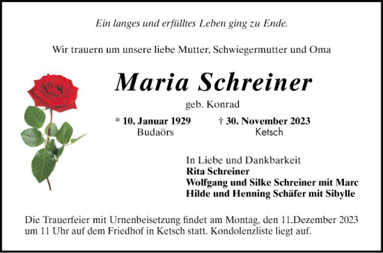 Traueranzeige von Maria Schreiner von Schwetzinger Zeitung