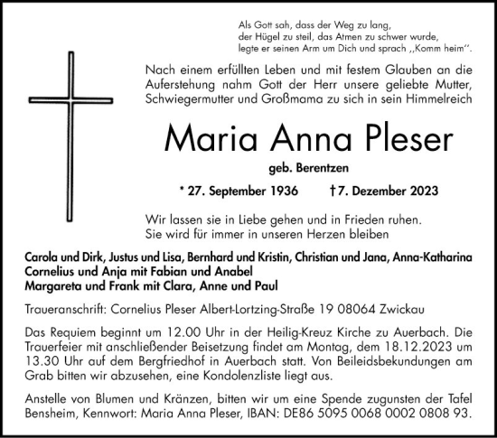 Traueranzeige von Maria Anna Pleser von Bergsträßer Anzeiger