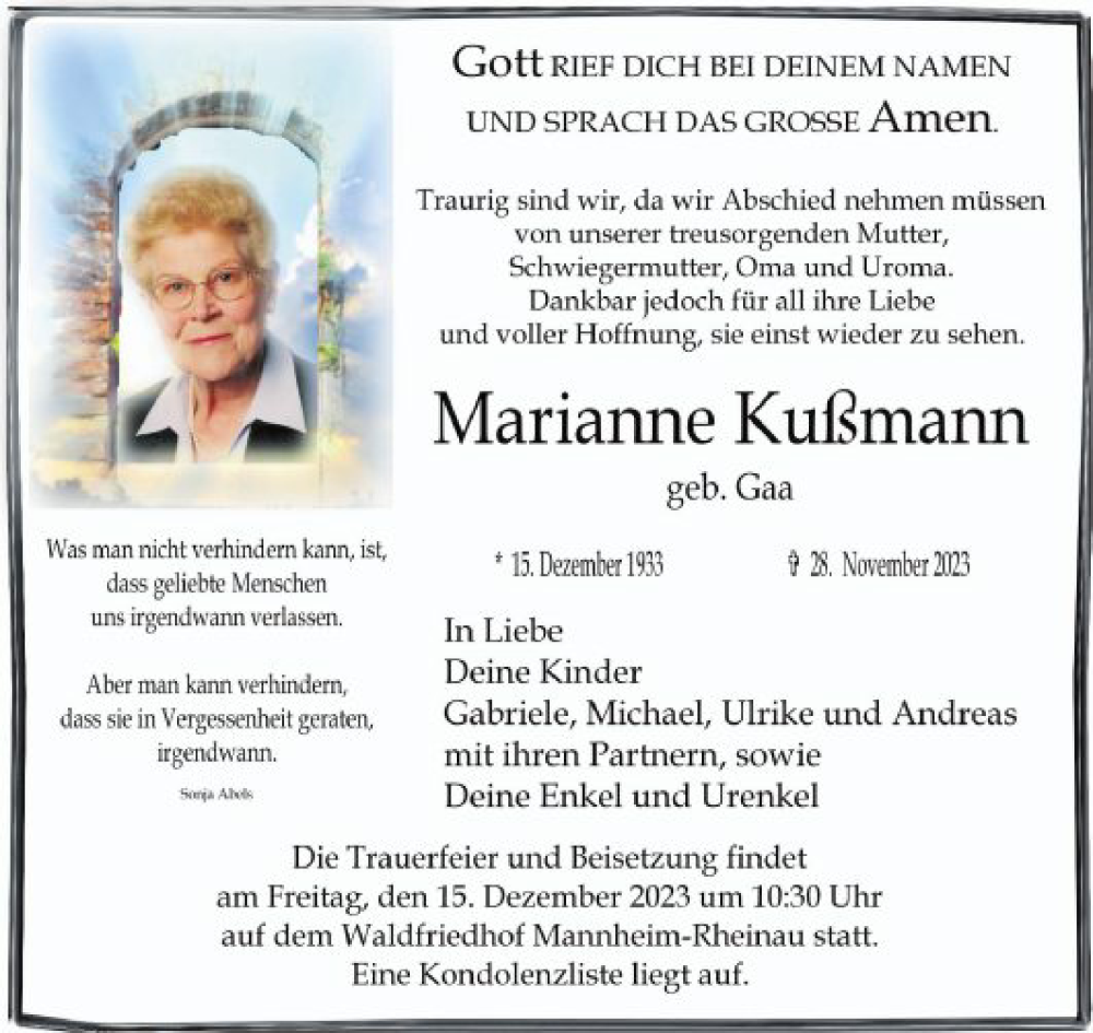  Traueranzeige für Marianne Kußmann vom 02.12.2023 aus Mannheimer Morgen