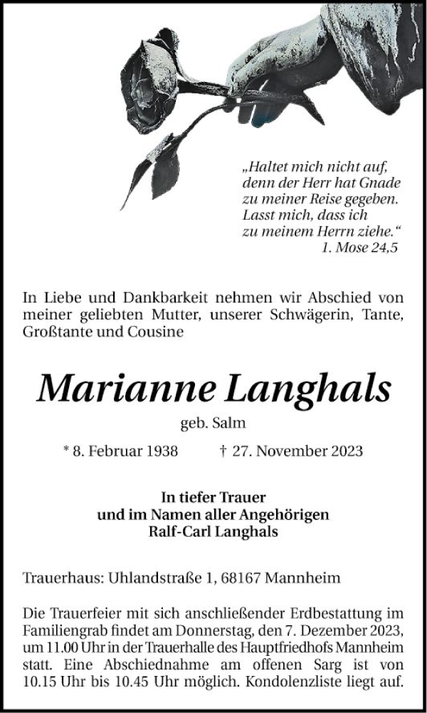 Traueranzeige für Marianne Langhals vom 02.12.2023 aus Mannheimer Morgen