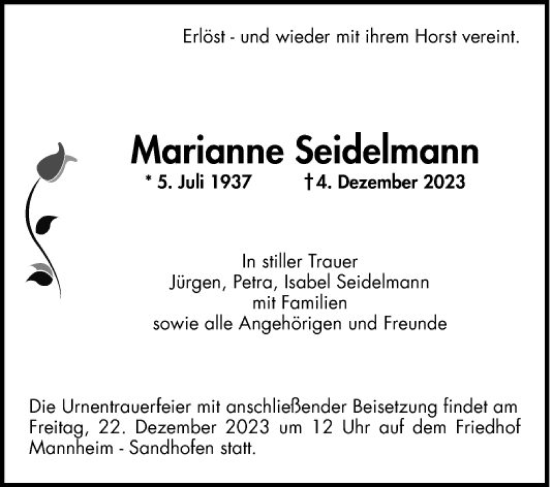 Traueranzeige von Marianne Seidelmann von Mannheimer Morgen