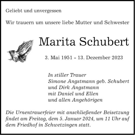 Traueranzeige von Marita Schubert von Schwetzinger Zeitung