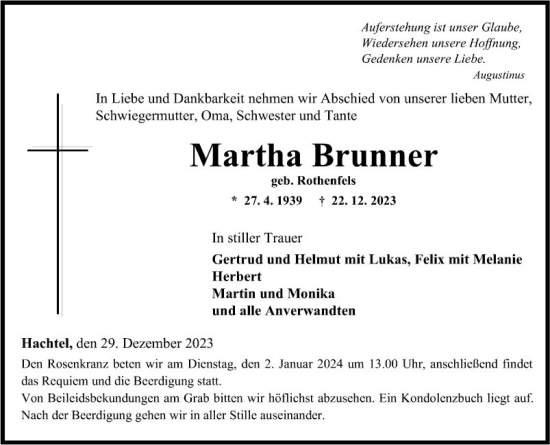 Traueranzeige von Martha Brunner von Fränkische Nachrichten