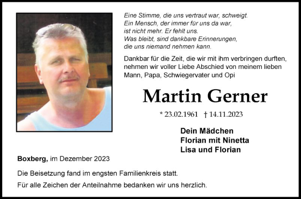  Traueranzeige für Martin Gerner vom 02.12.2023 aus Fränkische Nachrichten