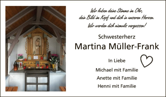 Traueranzeige von Martina Müller-Frank von Fränkische Nachrichten