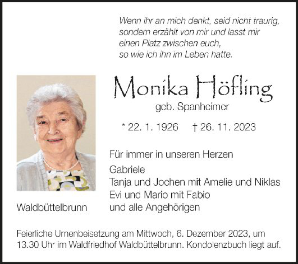  Traueranzeige für Monika Höfling vom 02.12.2023 aus Fränkische Nachrichten