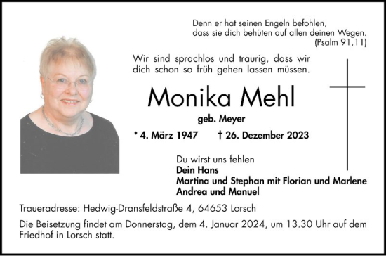 Traueranzeige von Monika Mehl von Bergsträßer Anzeiger