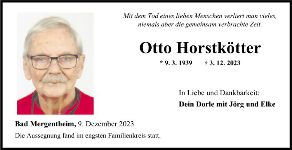  Traueranzeige für Otto Horstkötter vom 09.12.2023 aus Fränkische Nachrichten