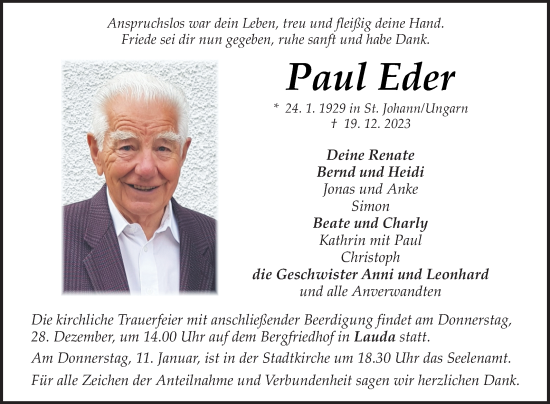 Traueranzeige von Paul Eder von Fränkische Nachrichten