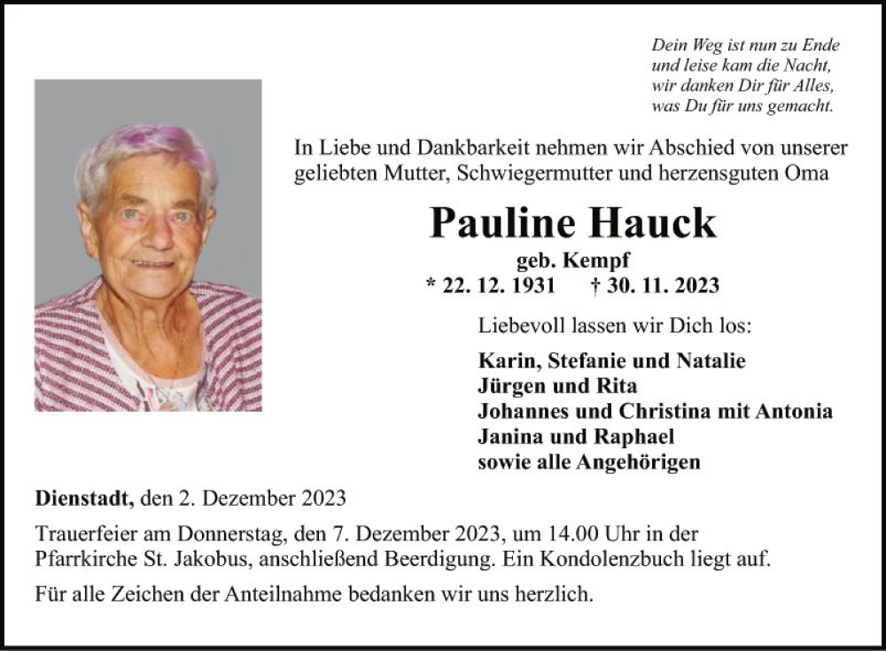  Traueranzeige für Pauline Hauck vom 02.12.2023 aus Fränkische Nachrichten