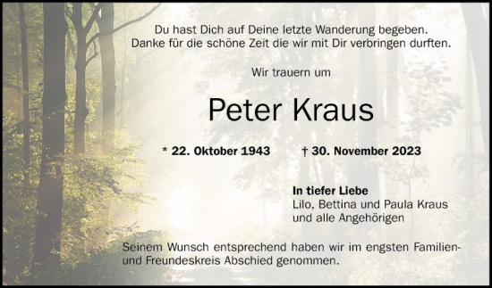 Traueranzeige von Peter Kraus von Schwetzinger Zeitung