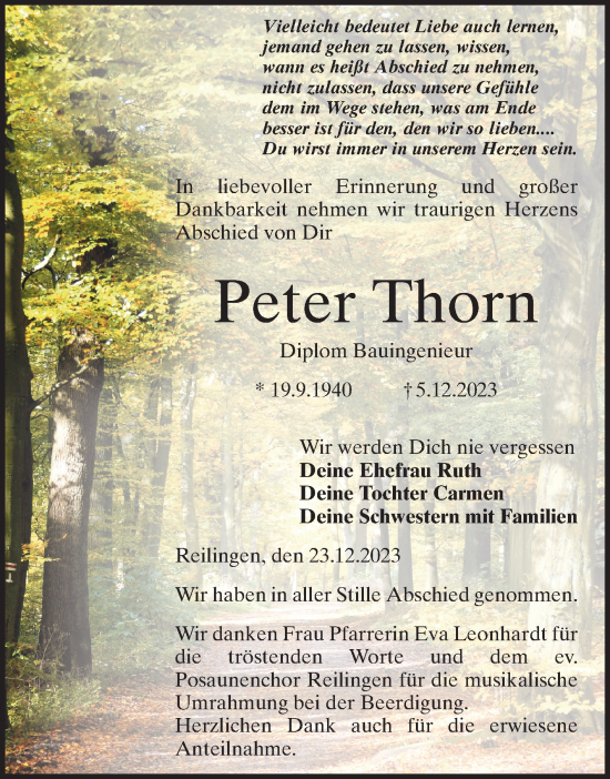 Traueranzeige von Peter Thorn von Schwetzinger Zeitung