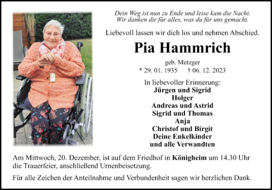 Traueranzeige von Pia Hammrich von Fränkische Nachrichten