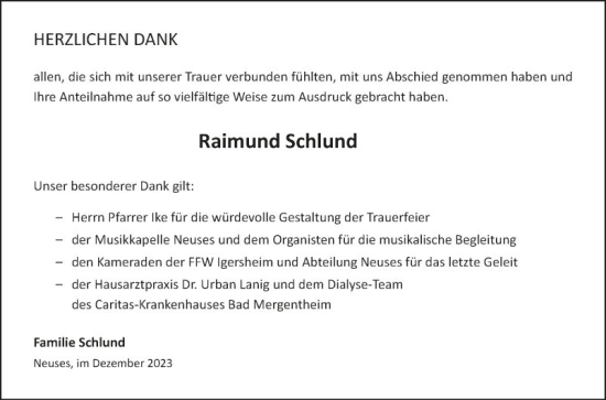 Traueranzeige von Raimund Schlund von Fränkische Nachrichten