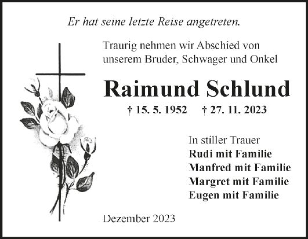  Traueranzeige für Raimund Schlund vom 04.12.2023 aus Fränkische Nachrichten