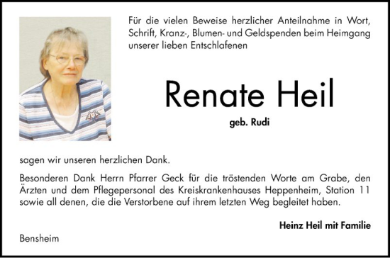 Traueranzeige von Renate Heil von Bergsträßer Anzeiger