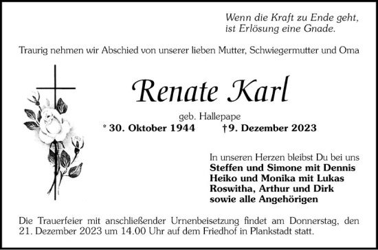 Traueranzeige von Renate Karl von Schwetzinger Zeitung