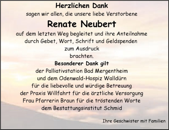 Traueranzeige von Renate Neubert von Fränkische Nachrichten