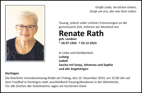 Traueranzeige von Renate Rath von Fränkische Nachrichten