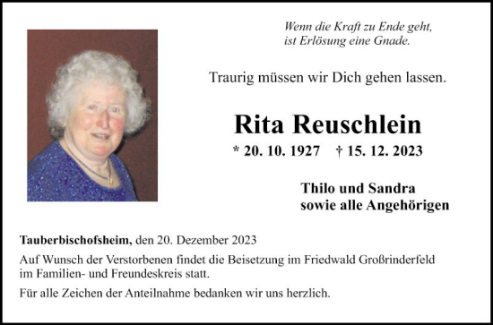 Traueranzeige von Rita Reuschlein von Fränkische Nachrichten