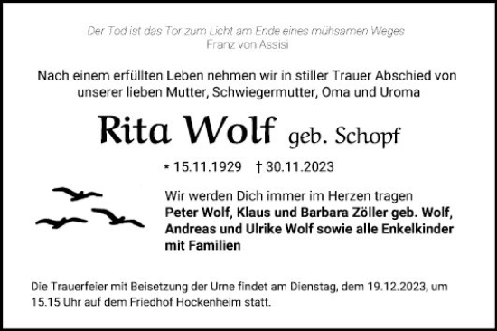 Traueranzeige von Rita Wolf von Schwetzinger Zeitung