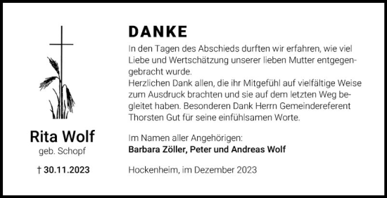 Traueranzeige von Rita Wolf von Schwetzinger Zeitung