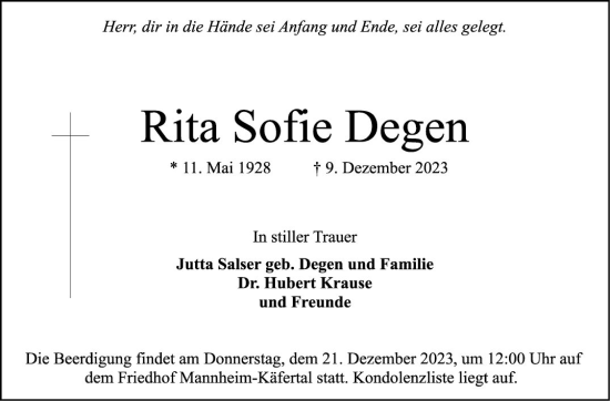 Traueranzeige von Rita Sofie Degen von Mannheimer Morgen