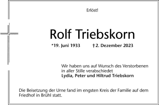 Traueranzeige von Rolf Triebskorn von Mannheimer Morgen